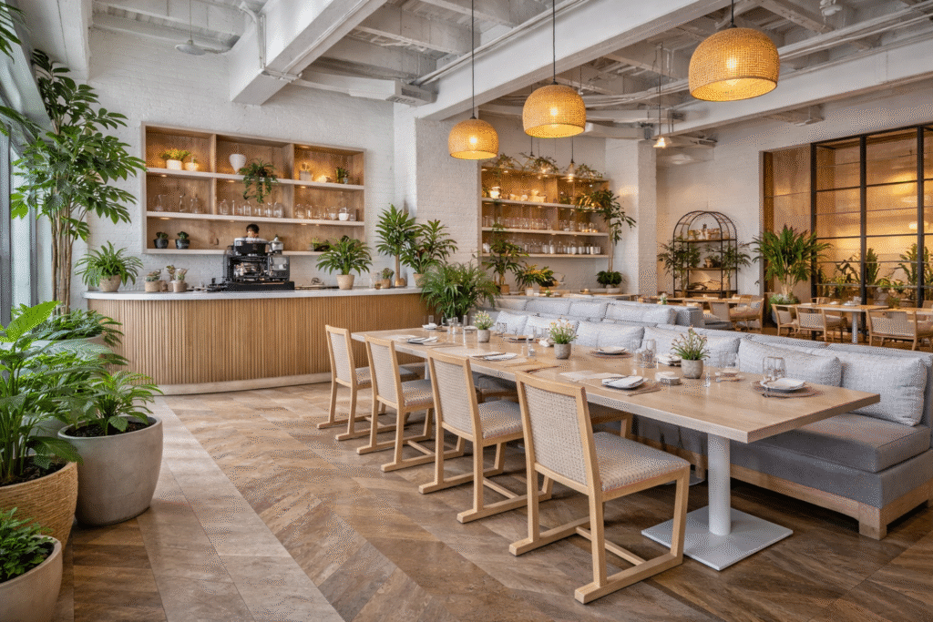 Modern Mumbai café interior featuring custom wooden furniture, natural lighting, indoor plants, and a spacious seating layout crafted by leading furniture manufacturers in Mumbai.