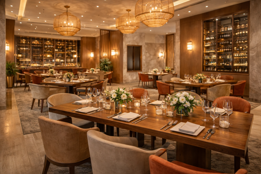 Luxury wooden restaurant furniture with solid wood dining tables and chairs crafted by restaurant furniture manufacturers in Jodhpur