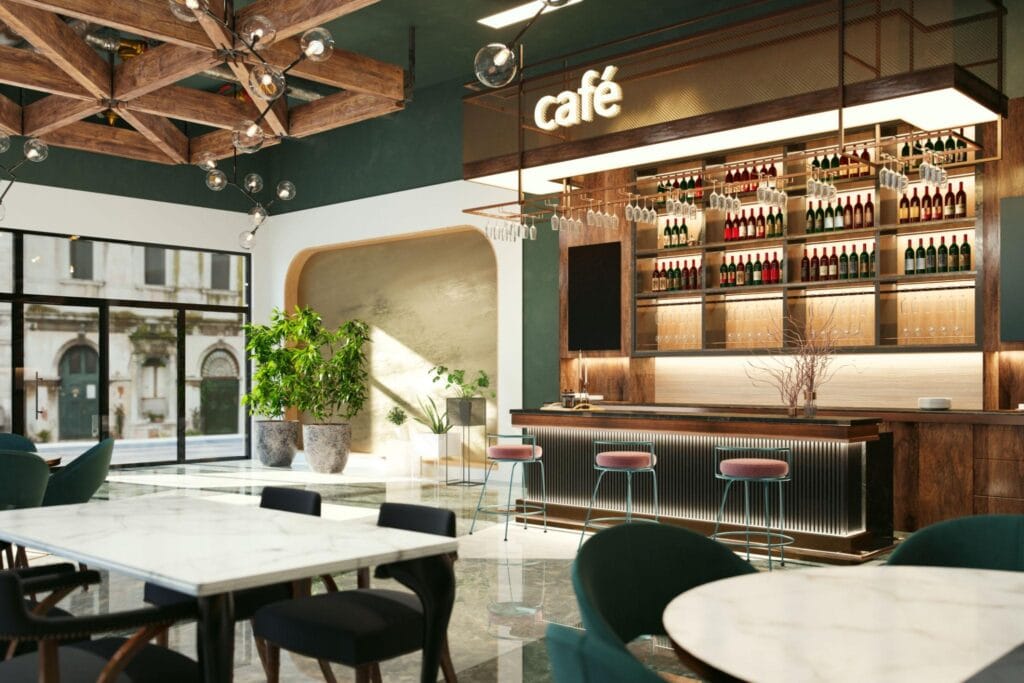 Luxury cafe furniture in Mumbai featuring modern wooden tables and chairs in a contemporary cafe interior