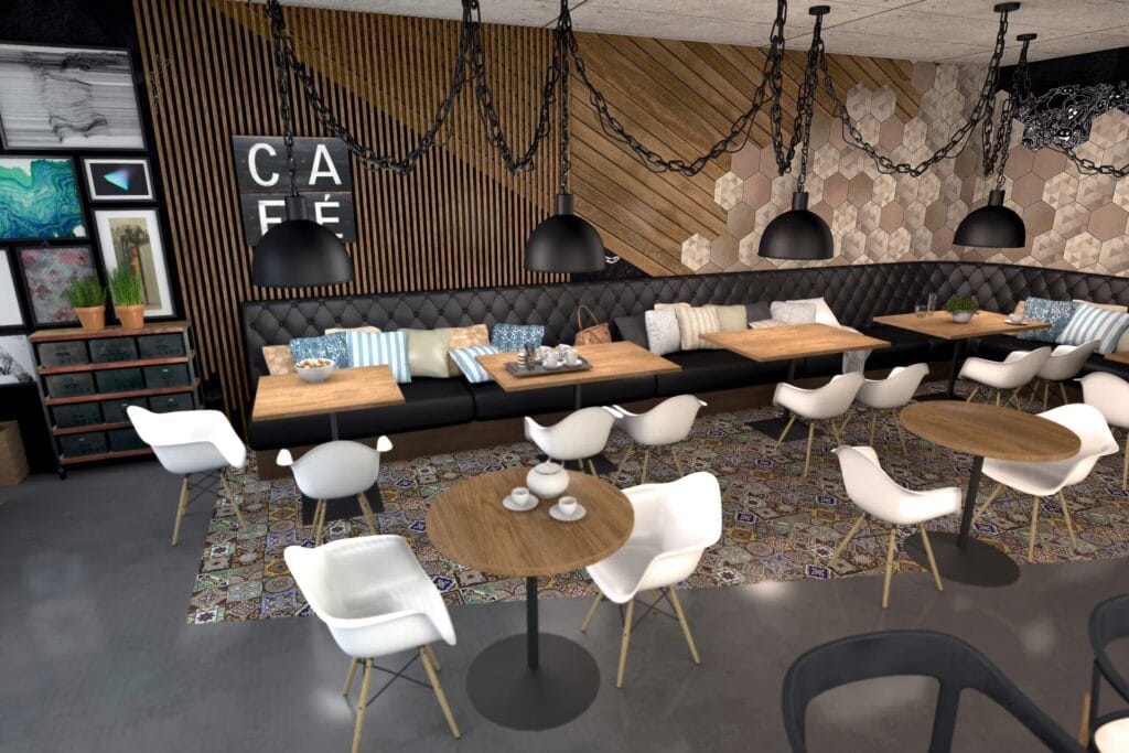 Cafe furniture seating with wooden tables and chairs in a modern cafe interior in Mumbai