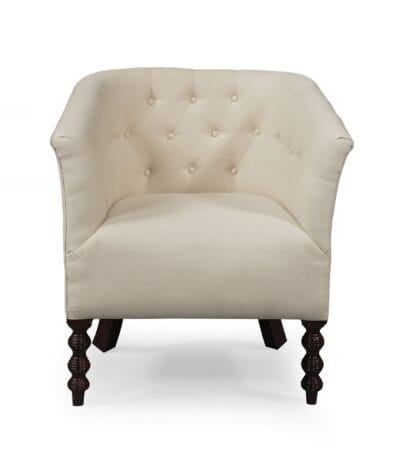 Front view of the Emily accent chair showing the upholstered barrel back and armrests