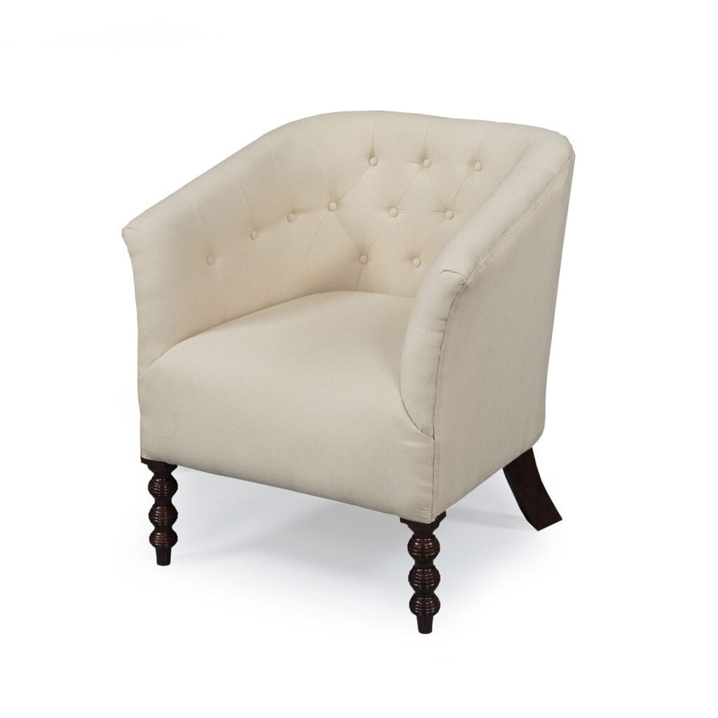 Emily accent chair with button-tufted barrel back and turned solid acacia wood legs