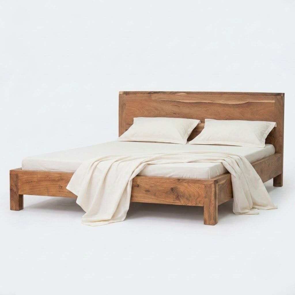 Ota acacia wood bed with a minimalist platform frame in a natural texture finish