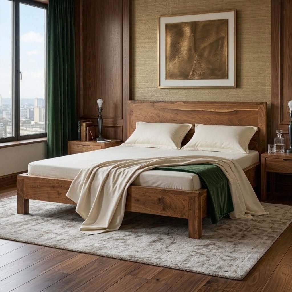 Front view of the Ota solid acacia wood bed showing the natural grain