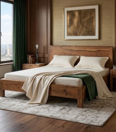 Front view of the Ota solid acacia wood bed showing the natural grain