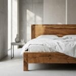 Ota acacia wood bed headboard detail in a natural texture lacquered finish
