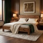 Ota acacia wood bed frame joinery and lacquered surface detail