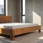 Ota solid acacia wood bed styled in a modern bedroom setting