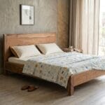 Close-up of the acacia wood grain on the Ota bed
