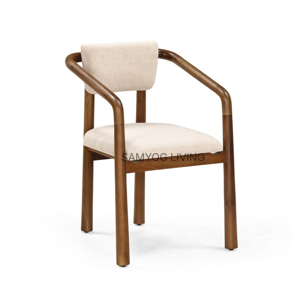 Taki dining chair in solid oak with curved wooden arms and brown fabric upholstered seat