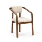 Taki dining chair in solid oak with curved wooden arms and brown fabric upholstered seat