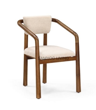 Taki dining chair in solid oak with curved wooden arms and brown fabric upholstered seat
