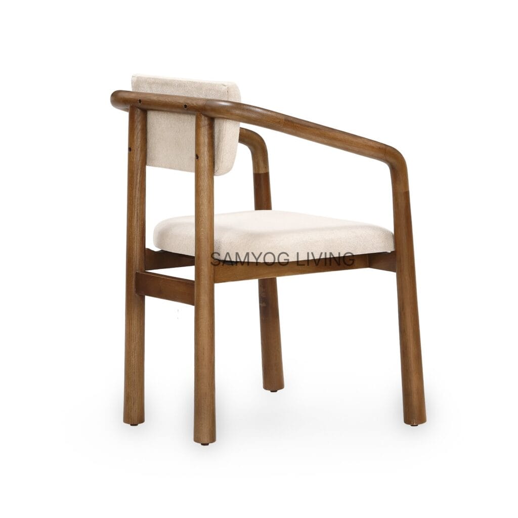 Side view of the Taki dining chair showing the padded backrest and oak frame