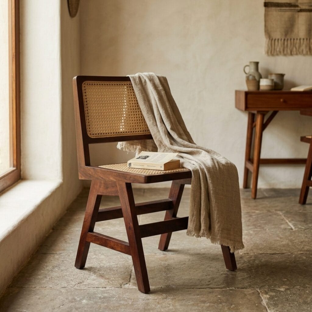 Chandigarh cane dining chair styled at a solid wood dining table