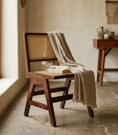 Chandigarh cane dining chair styled at a solid wood dining table
