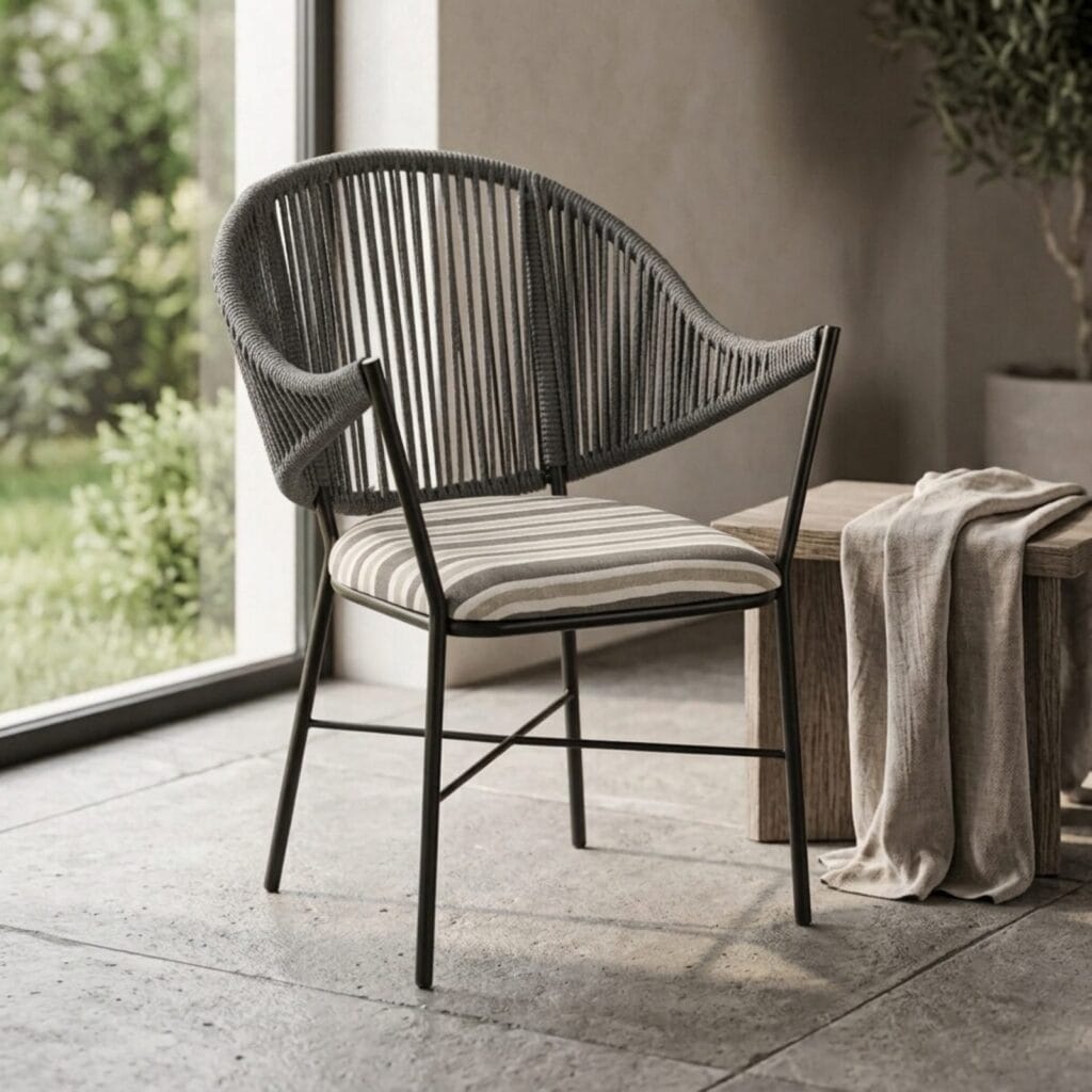 Curve outdoor chair with striped cushion in a garden-facing living space