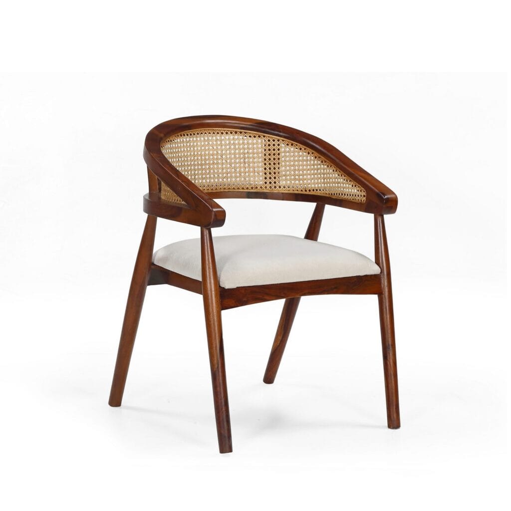 Derby wooden dining chair with cane back and upholstered seat by Samyog Living