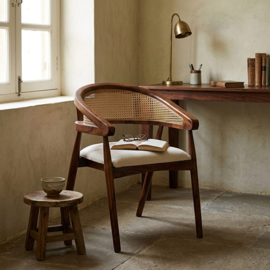 Derby cane dining chair at a wooden desk in a warm interior