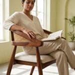 Guest seated on the Derby cane dining chair in a sunlit room