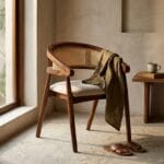 Derby wooden dining chair styled with a throw over the backrest