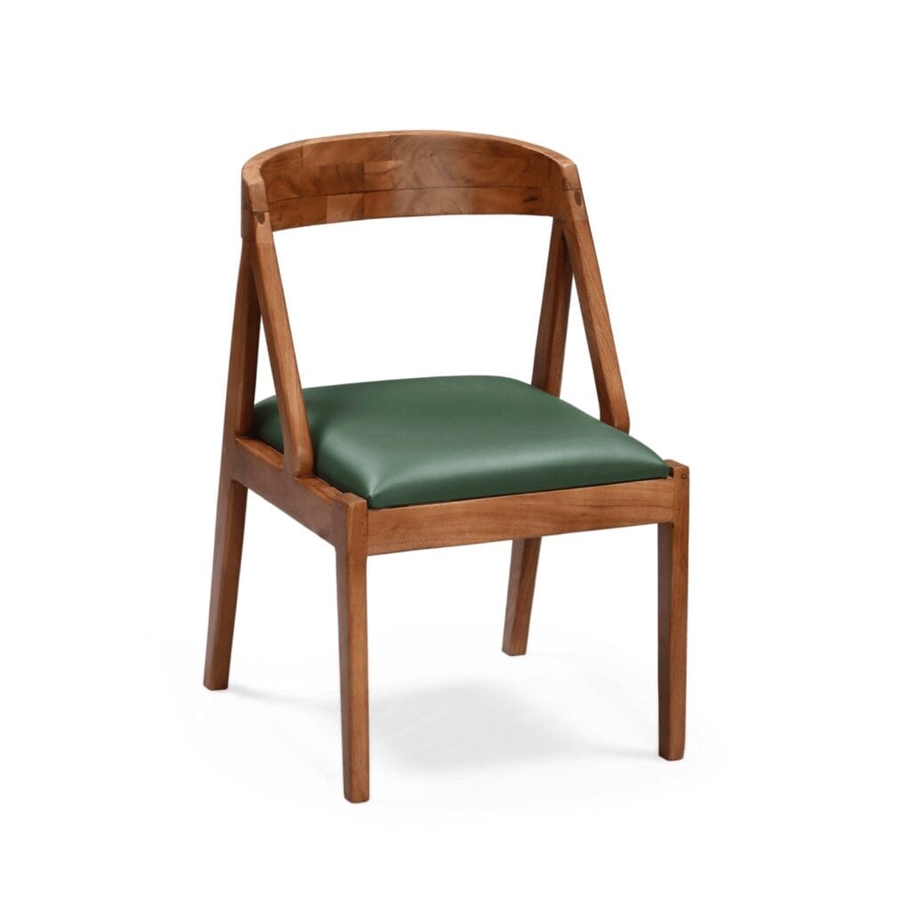 Ela wooden dining chair with green leather seat by Samyog Living