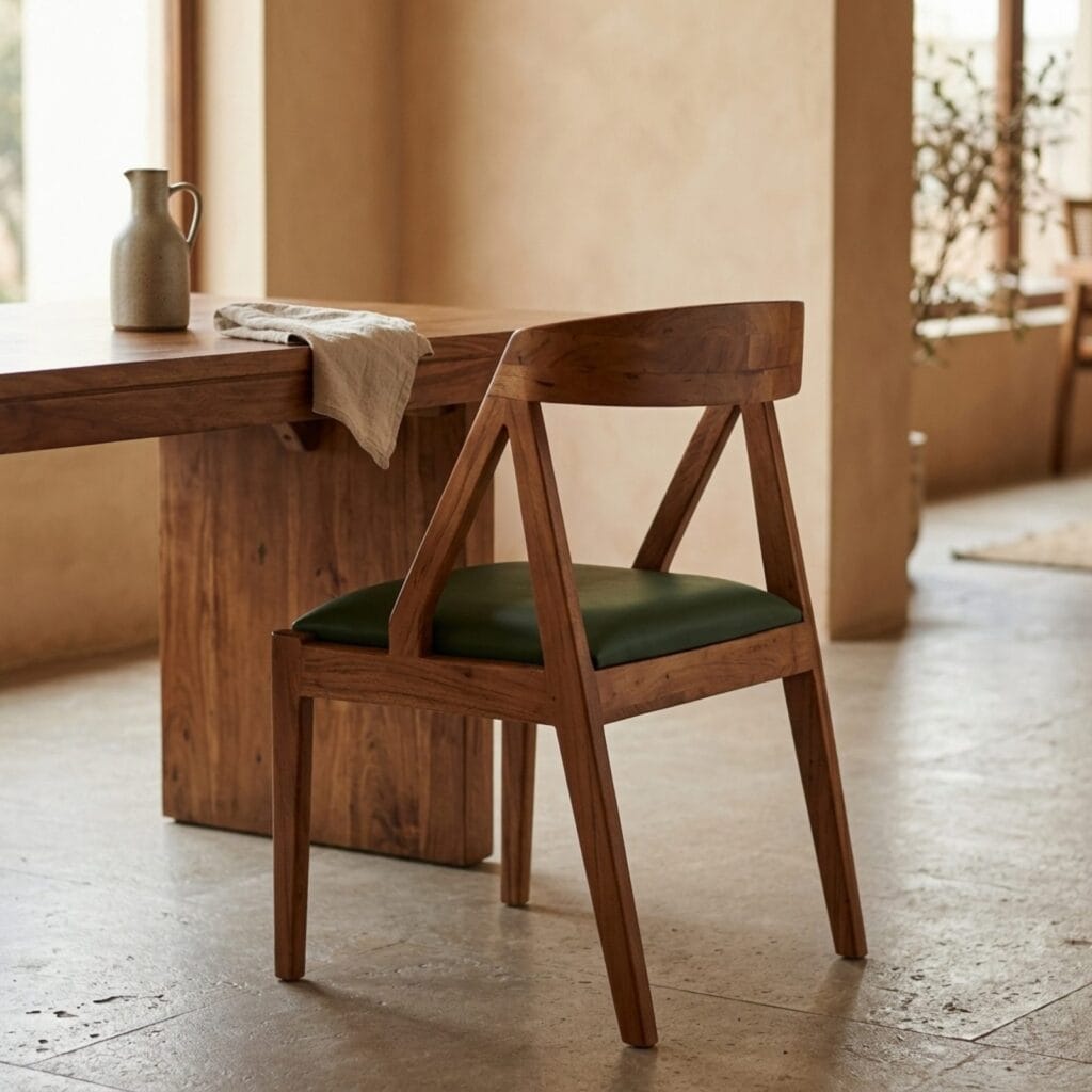 Ela solid wood dining chair at a dining table in a stone-floored room