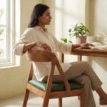 Guest seated on the Ela wooden dining chair at a work table