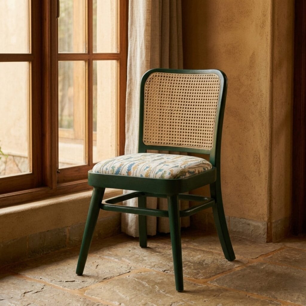 Goa green cane dining chair beside a window in a rustic interior