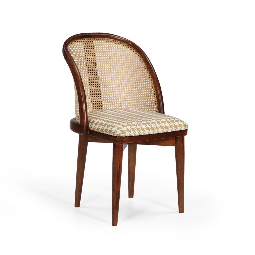 Kaen wooden dining chair with curved cane back and checked seat by Samyog Living