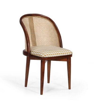 Kaen wooden dining chair with curved cane back and checked seat by Samyog Living