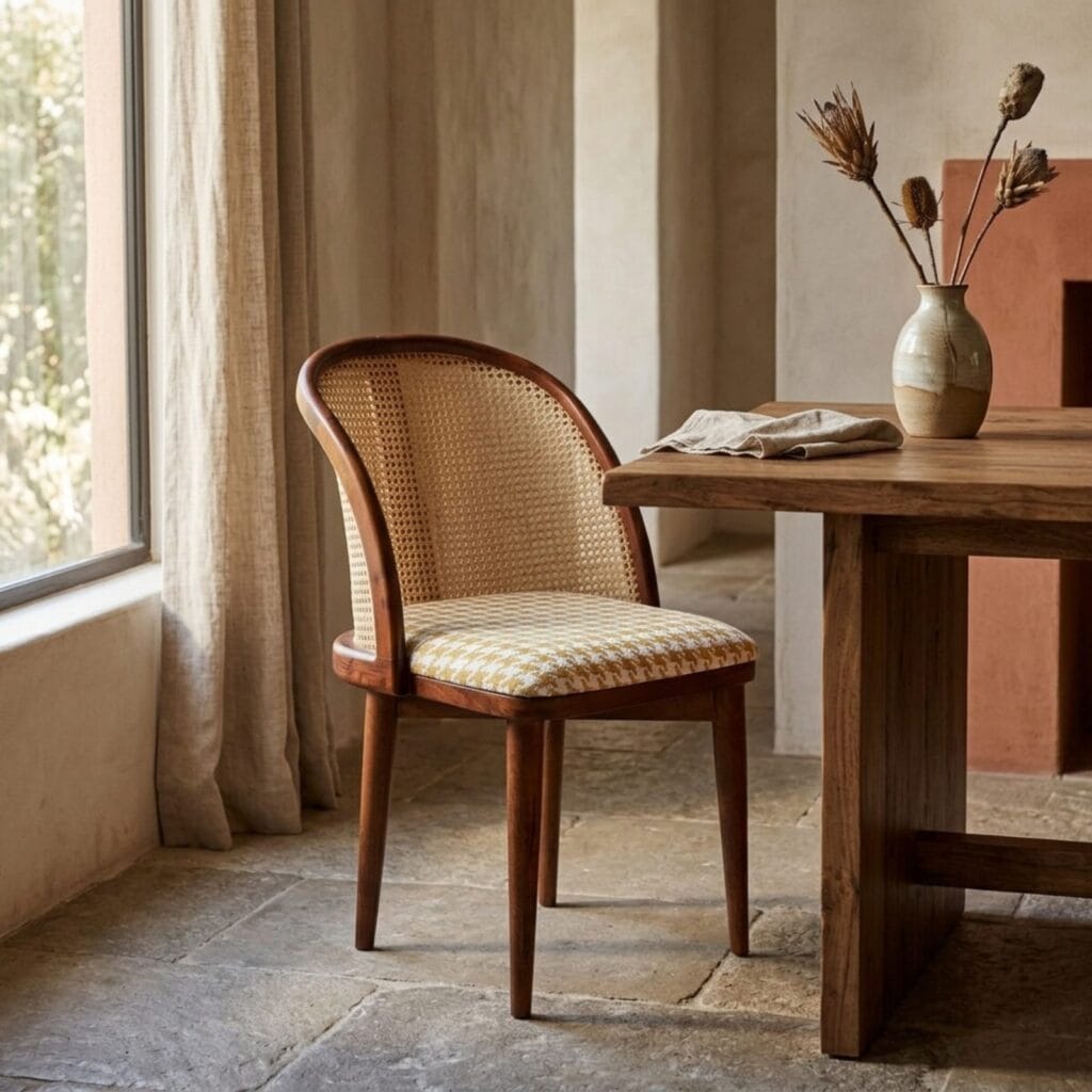 Kaen cane dining chair at a wooden dining table by a window