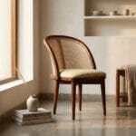 Kaen wooden dining chair beside a niche shelf in a minimal interior