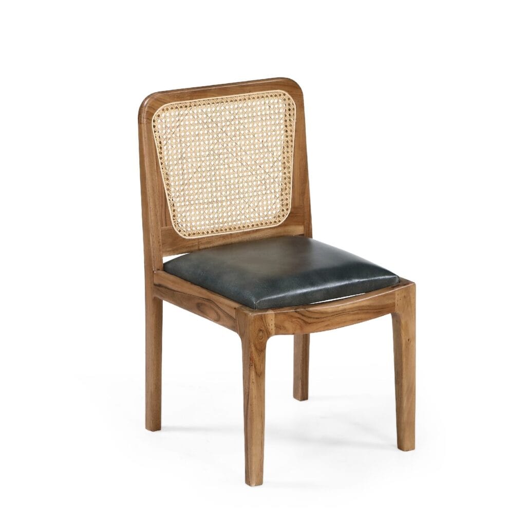 Moon wooden dining chair with cane back and dark leather seat by Samyog Living