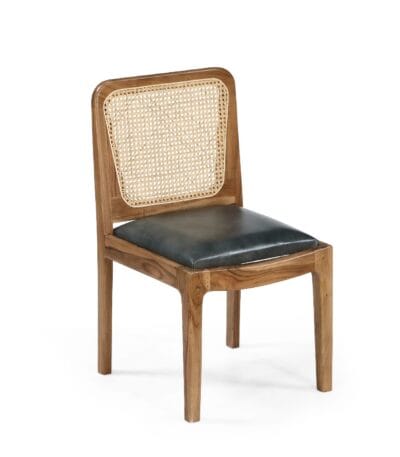 Moon wooden dining chair with cane back and dark leather seat by Samyog Living