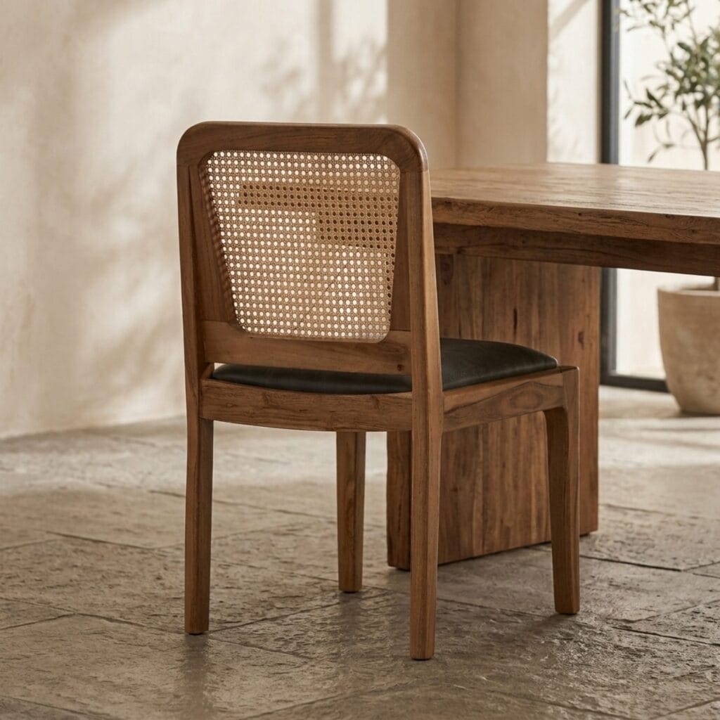Moon cane dining chair at a solid wood dining table