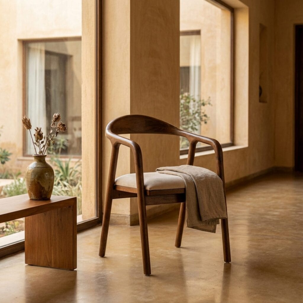 Neerja wooden armchair beside a console table in a warm hallway