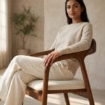 Neerja wooden dining chair with cream upholstery in a styled interior
