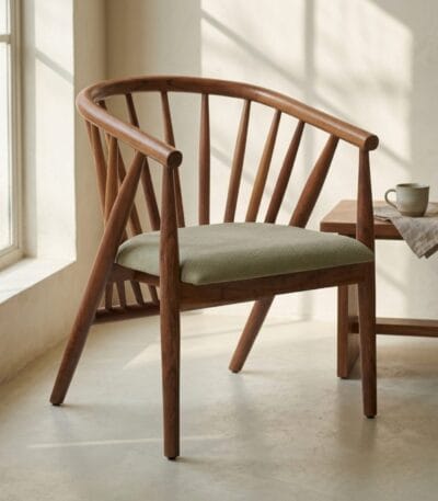 Pickle spindle-back dining armchair beside a window with a side table