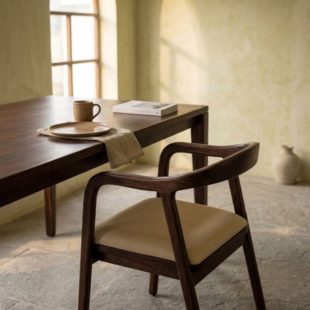Rena dining armchair at a dark wood dining table