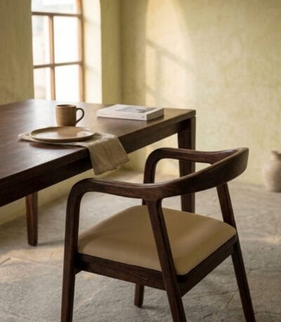 Rena dining armchair at a dark wood dining table