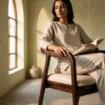 Rena wooden armchair beside an arched window