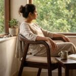 Rena wooden dining armchair beside a garden window