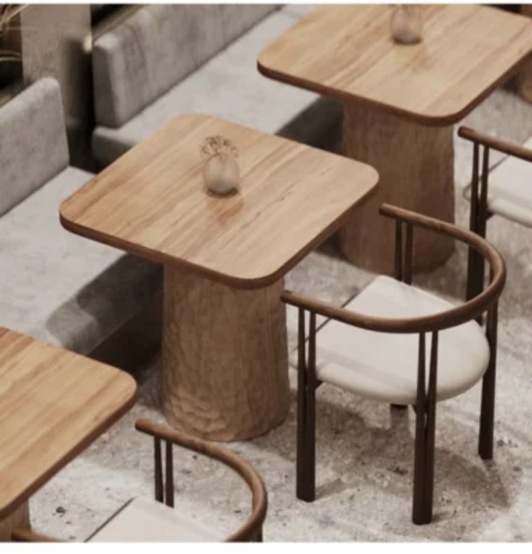 Restaurant furniture with solid wood dining tables and upholstered chairs