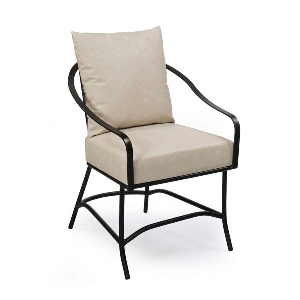 Ross outdoor arm chair with black metal frame and cream cushions by Samyog Living