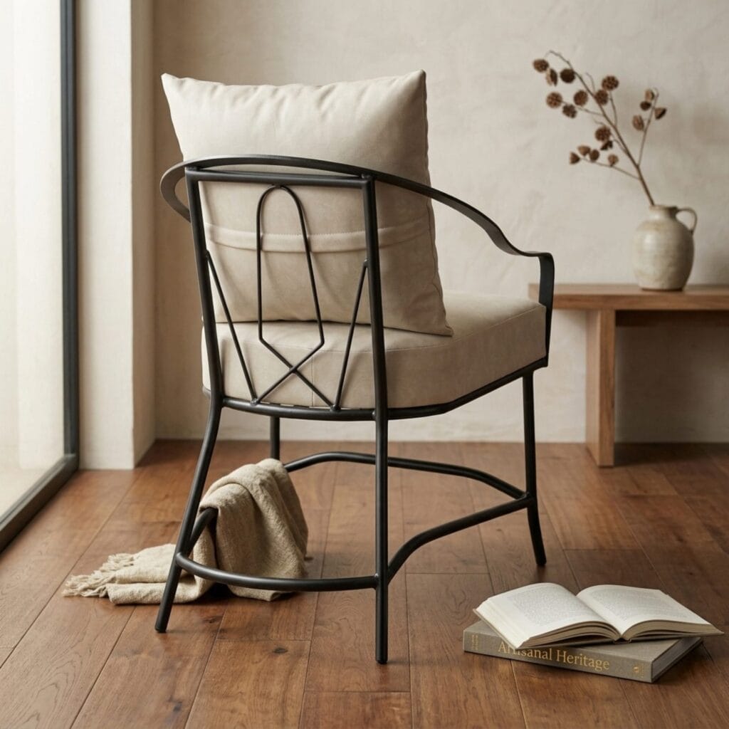 Ross metal arm chair styled beside a side table on a wooden floor