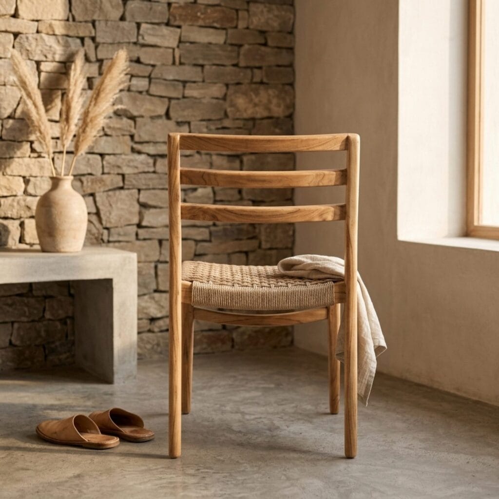 Sara rope-seat dining chair beside a stone wall in a rustic interior