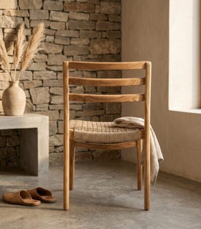 Sara rope-seat dining chair beside a stone wall in a rustic interior
