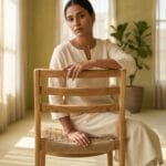 Sara wooden dining chair in use in a plant-filled room