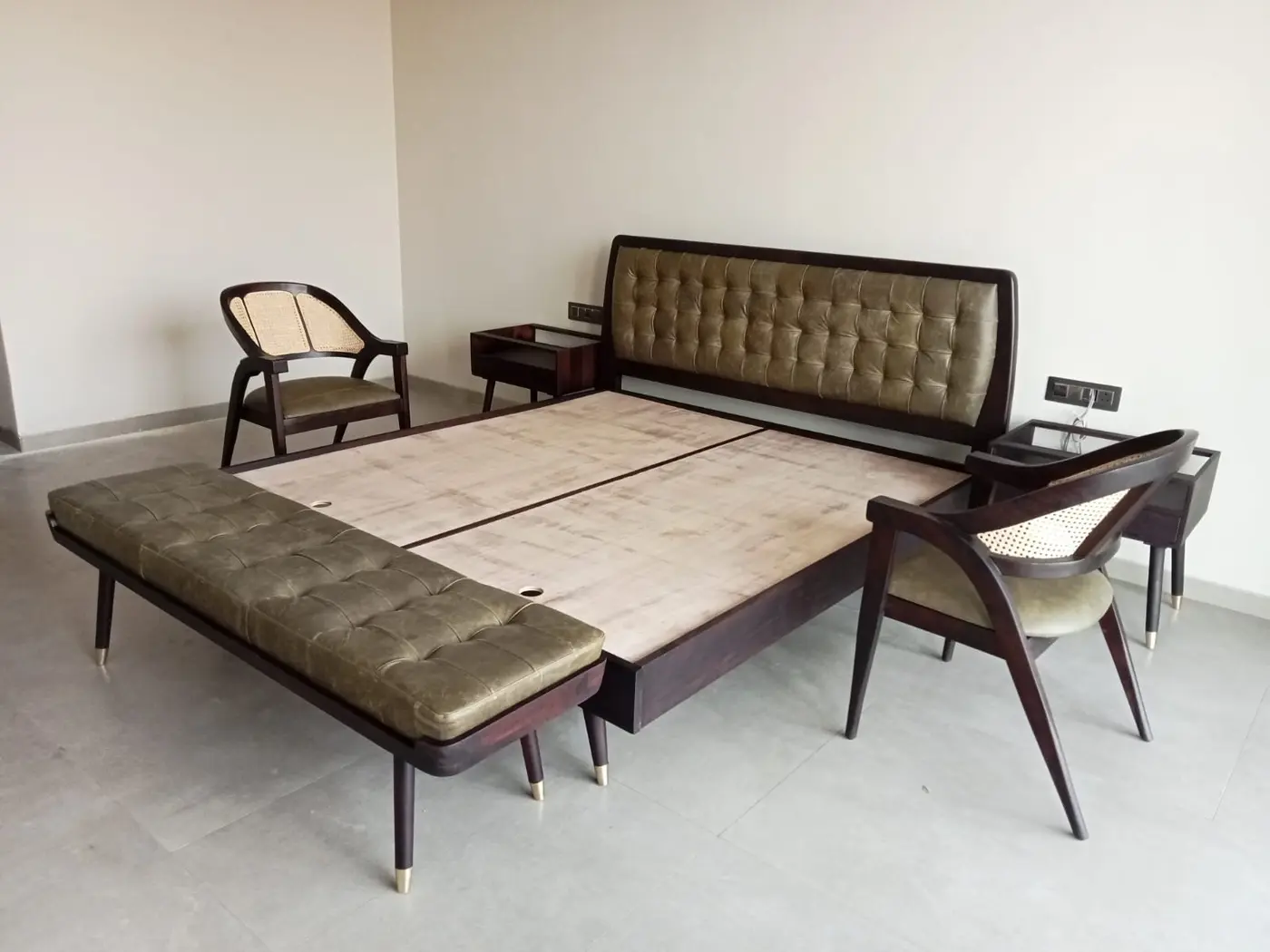 Maira Resort furniture project installation with solid wood bed, upholstered headboard and seating.
